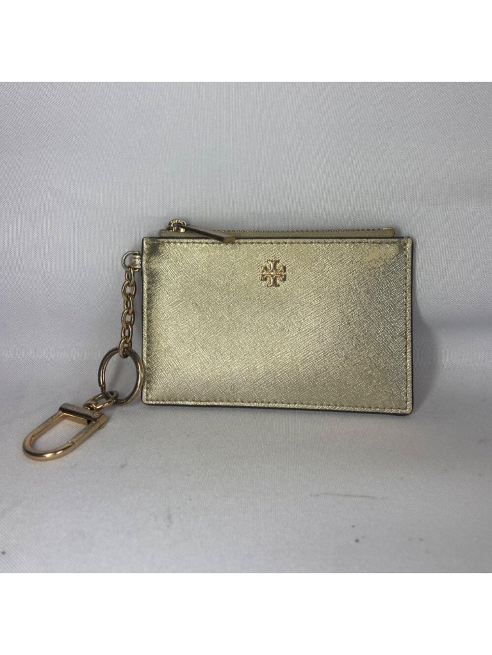 Tory Burch Card Case Wallet Rose Gold Shiny Single Strap Gold Hardware Top Zip